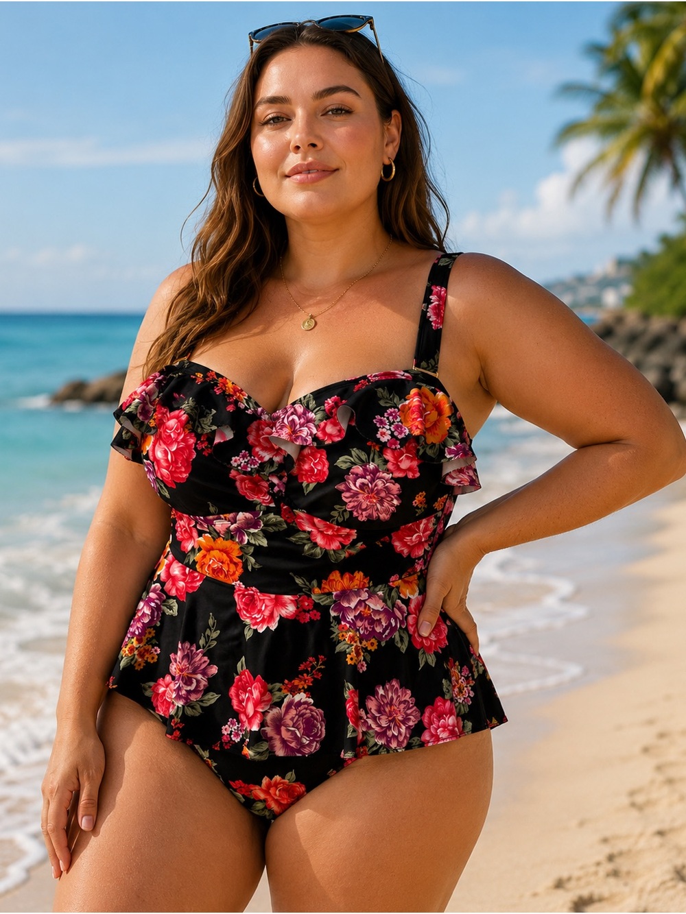 Terra & Sky Floral Ruffle Peplum One Piece Swimsuit Plus Size 1X (16W-18W)